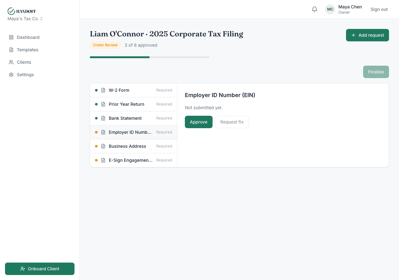 useHandoff vendor review workspace for approving client submissions